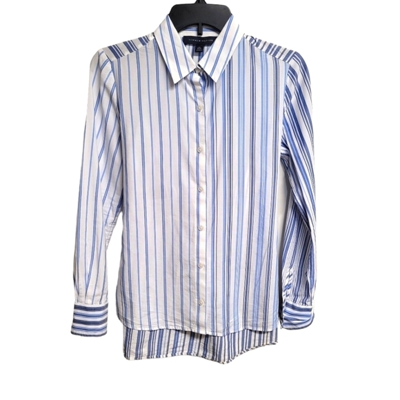 Tommy Hilfiger White And Blue Striped Button Down Tie Back Shirt - Picture 1 of 9